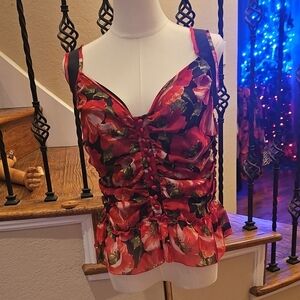Dolce & Gabbana Red Floral Ruched Blouse